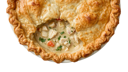 Golden chicken pot pie with flaky crust and hearty vegetable filling on the transparent background