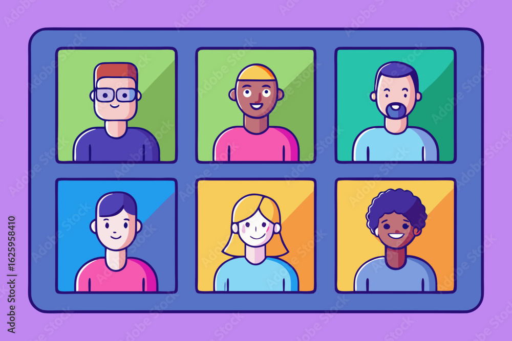 Poster diverse group of people participating in a video conference call displayed in a grid layout on a scr