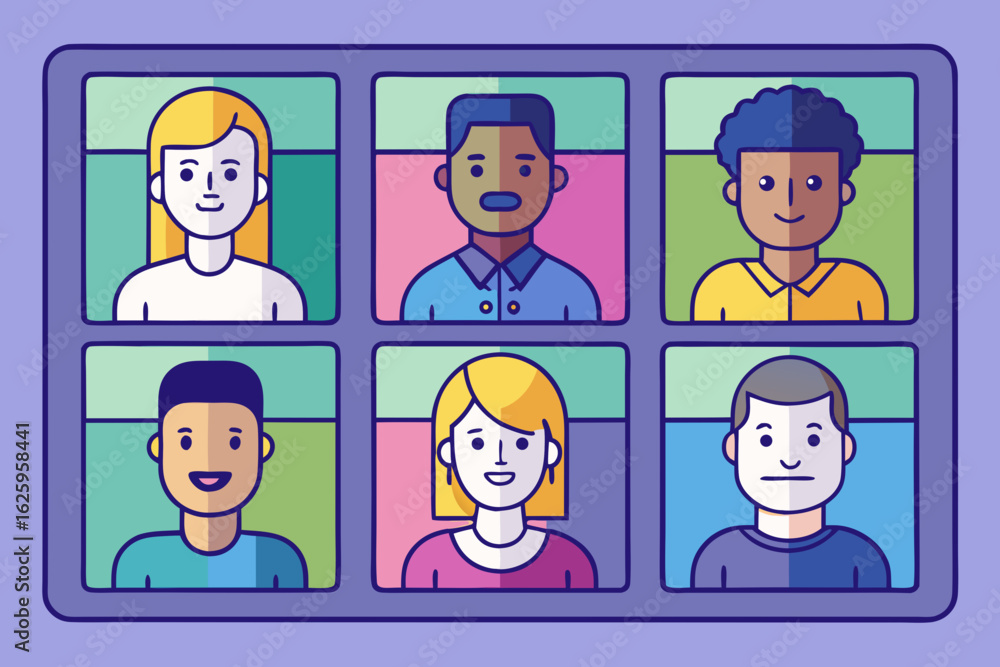 Poster diverse group of people participating in a video conference call displayed on a screen with multiple