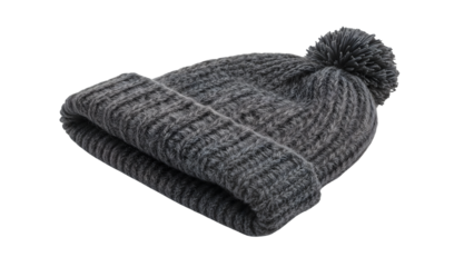 Warm gray knitted beanie with pompom on the transparent background for winter fashion and accessories design