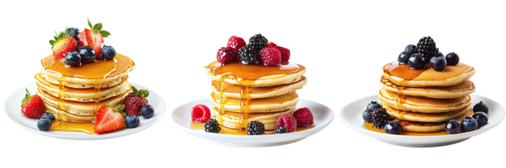 Set of various pancakes with berries and honey isolated on transparent background PNG