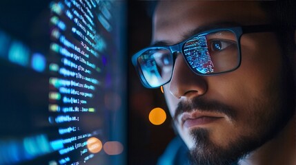 Focused developer coder wears glasses working on computer looking at programming code data cyber security digital tech reflecting in spectacles developing software program,