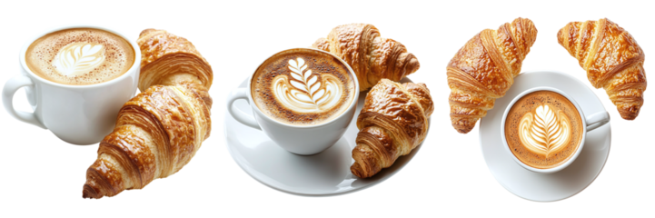 Set of coffee cups with croissants isolated on transparent background PNG