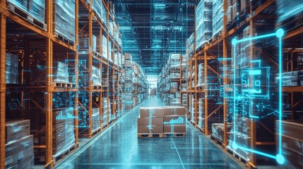 Futuristic Technology Retail Warehouse: Digitalization and Visualization of Industry 4.0 Process that Analyzes Goods, Cardboard Boxes, Products Delivery Infographics in Logistics, Distribution Center