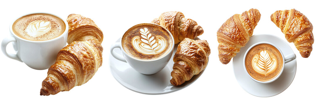 Set of coffee cups with croissants isolated on transparent background PNG