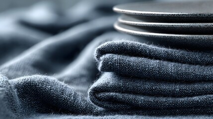 Stacked gray plates resting on folded indigo linen fabric.