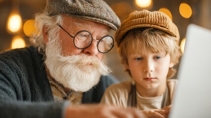 old man teaching grandchild coding on laptop, intergenerational learning, warm light