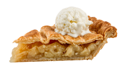 Delicious slice of homemade apple pie with vanilla ice cream on flaky crust isolated on the transparent background