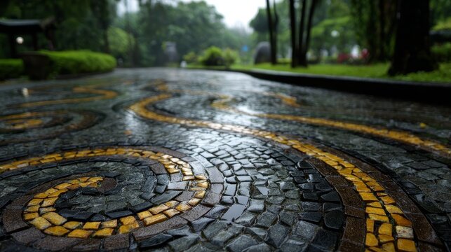 wet pebble mosaic path, abstract yellow river pattern winding through dark stone tiles, glistening surface, shallow depth of field, surrounded by lush green park