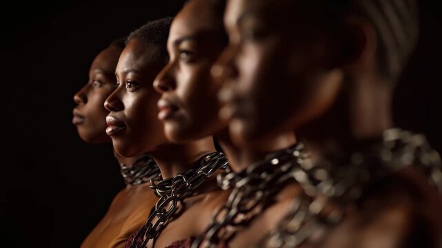 Portrait of African women with chains symbolizing remembrance of slavery
