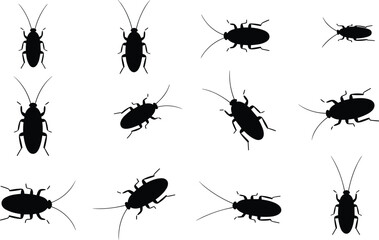 Silhouette cockroach icons, pest insect illustrations, crawling bugs collection, isolated black vector shapes, flat vector illustration