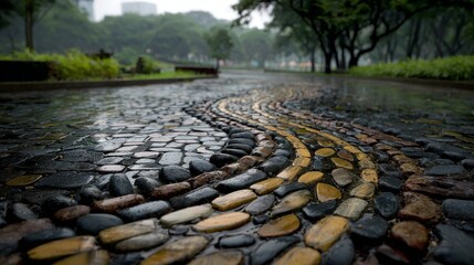 wet pebble mosaic path, abstract yellow river pattern winding through dark stone tiles, glistening surface, shallow depth of field, surrounded by lush green park