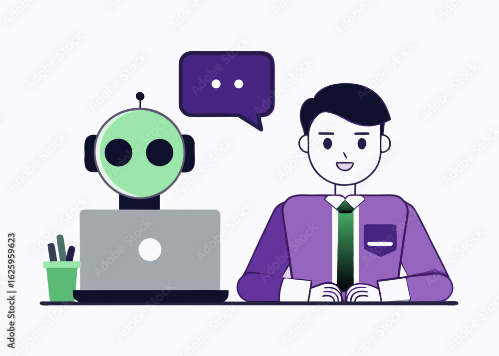 Poster a friendly robot and a businessman communicate with each other using a speech bubble and a laptop