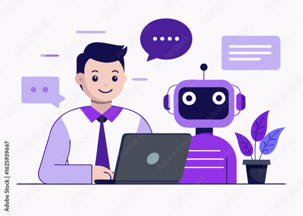 Poster man and robot collaborating on a laptop with chat bubbles and plant symbolizing teamwork and technol