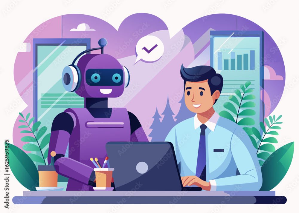 Poster friendly robot and businessman collaborating on a laptop in a modern office with plants and data vis