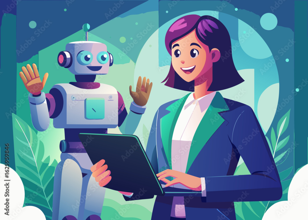 Poster a smiling woman in a suit works with a friendly robot both waving hello in a modern office setting w