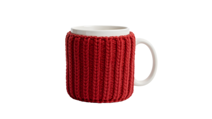White ceramic mug with red knitted cozy isolated on the transparent background for winter, hygge, and hot drink concepts