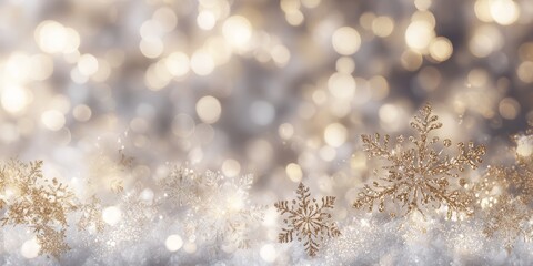 white Christmas background with delicate snowflakes and shimmering gold sequins, soft bokeh lights