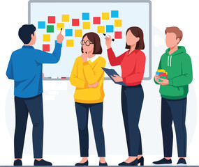 Team Collaborating on Project with Sticky Notes on Whiteboard.