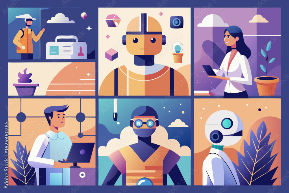 Aufkleber diverse group of people and robots collaborating in a modern futuristic technological environment wi