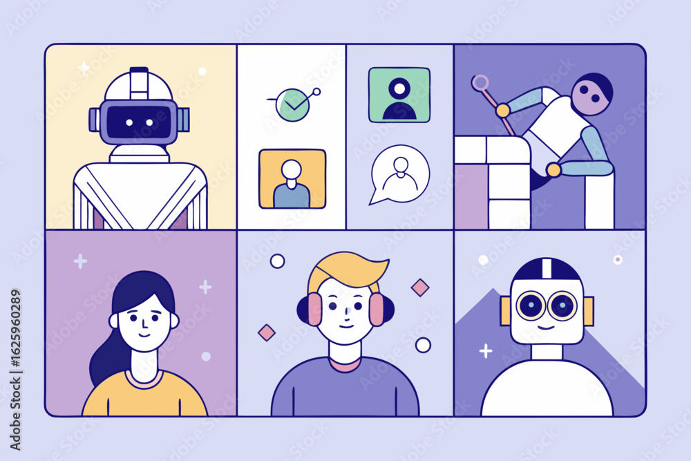 Poster diverse group of people and robots participating in a video conference call with icons representing 