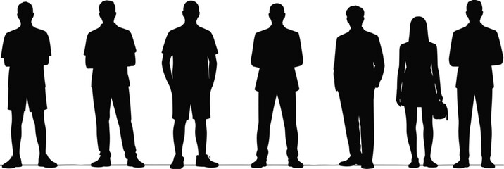 Silhouette of diverse standing people, male and female characters, casual and formal outfits, front view, vector illustration, isolated black figures
