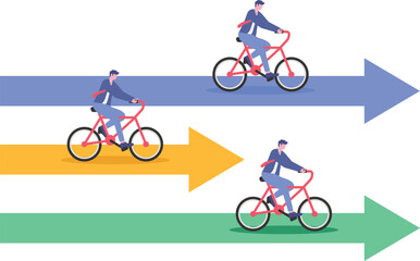 Fototapeta premium Flat illustration of businessman and businesswoman race on arrow track symbolizing competition to achieve sales and performance goal