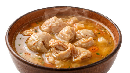 Hearty chicken and dumplings soup in brown ceramic bowl with steaming broth and vegetables on the transparent background