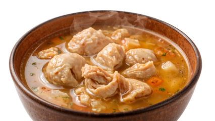 Hearty chicken and dumplings soup in brown ceramic bowl with steaming broth and vegetables on the transparent background