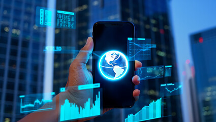 Hand holding smartphone displaying glowing earth and financial data globe
