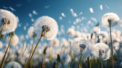 white fluffy dandelion flowers swaying in a sunny field, soft blue sky in the background, glowing sunlight