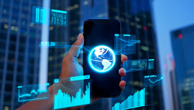 Hand holding smartphone displaying glowing earth and financial data globe