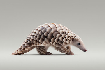 Obraz premium Curious pangolin animal crawling in side view. This wildlife mammal with scales shown on an isolated white background for conservation