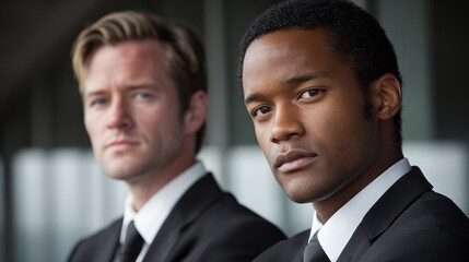 Two businessmen in formal attire exuding confidence in an office.