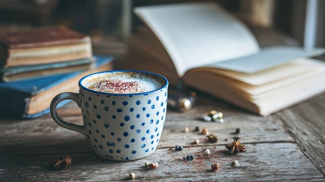 Cozy Rustic Coffee Scene with Polka-Dot Mug, Open Book, and Warm Natural Light on Wooden Table