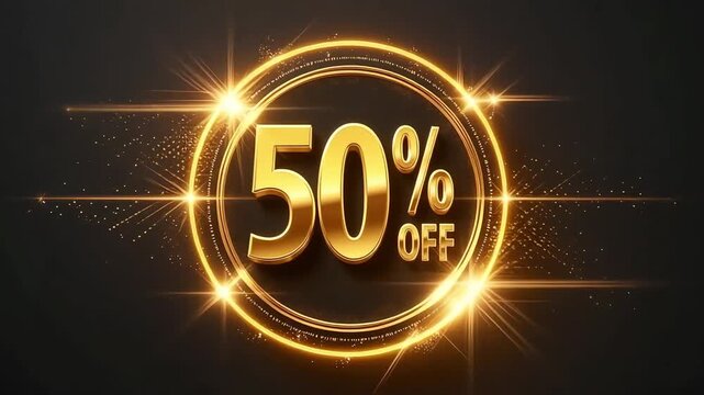Golden 50% off sale animation with sparkling effects for limited time promotional offers