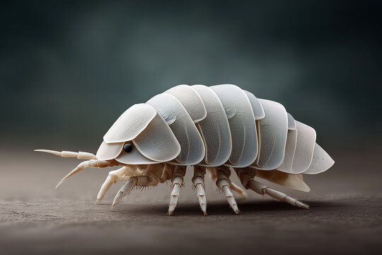 Detailed white giant isopod animal with an exoskeleton. still macro profile view of crustacean on dark surface with shallow depth of field - Powered by Adobe