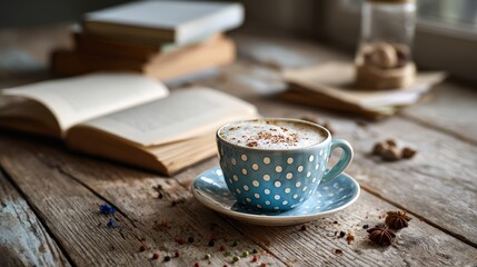 white notebook and blue polka dot coffee cup with cappuccino on rustic wooden table, warm cozy atmosphere, scattered spices and open books in the background