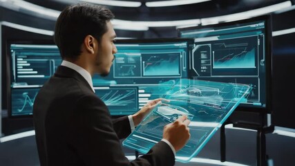 Tech analyst or finance expert using transparent interactive display with stock data, performance metrics, digital graphs, in a high-tech control center filled with futuristic blue-hued data panels. - Powered by Adobe