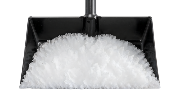 Black snow shovel filled with fresh powdery snow on the transparent background for winter cleanup and seasonal maintenance themes