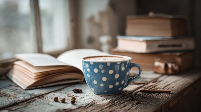 white notebook and blue polka dot coffee cup with cappuccino on rustic wooden table, warm cozy atmosphere, scattered spices and open books in the background