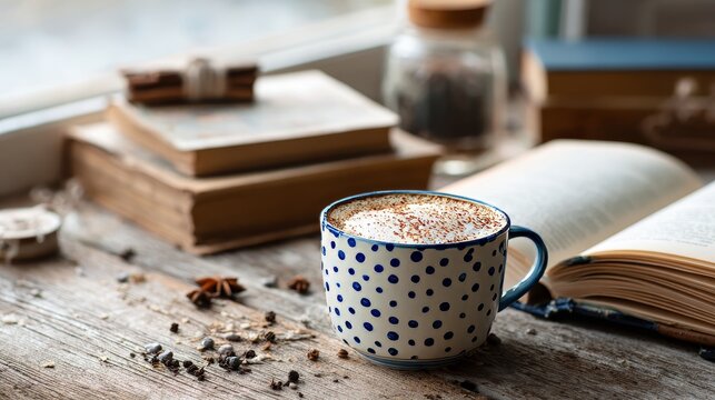 white notebook and blue polka dot coffee cup with cappuccino on rustic wooden table, warm cozy atmosphere, scattered spices and open books in the background - Powered by Adobe