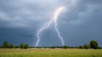 Dramatic lightning strikes over a wide-open field, illuminating the dark storm clouds above, showcasing nature's power and beauty.