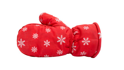 Red oven mitt with white snowflake pattern isolated on the transparent background for winter and christmas cooking or baking themes