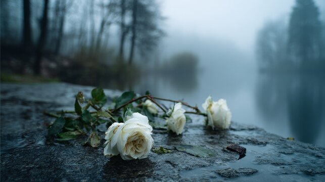 white roses lying on wet stone surface beside a misty pond, soft fog in the background