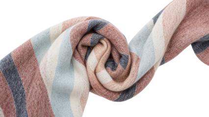 Soft knitted striped scarf in pastel colors twisted on the transparent background, cozy winter fashion accessory, warm and trendy textile design