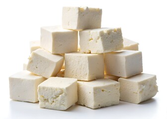 Illustration of pile of tofu cubes isolated on white background in a studio shot