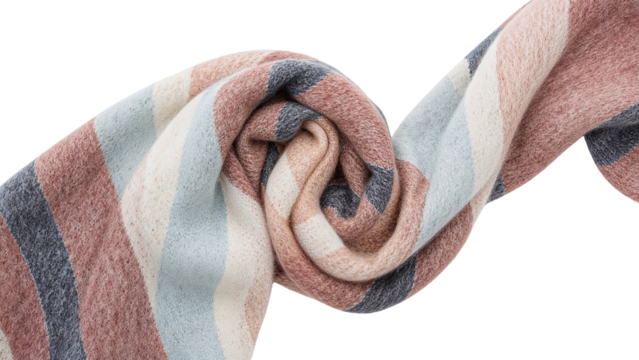 Soft knitted striped scarf in pastel colors twisted on the transparent background, cozy winter fashion accessory, warm and trendy textile design - Powered by Adobe