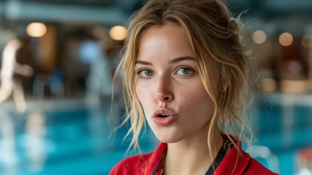 A young woman with wavy blonde hair and freckles gazes forward with a slightly puckered expression against a blurred backdrop of a pool
