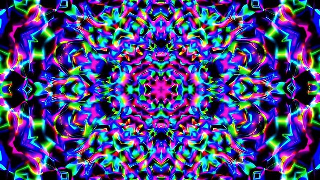 A kaleidoscopic 4K neon animation pulses colorful geometric light forming vibrant symmetrical visual display perfect energetic video backgrounds dance events modern abstract branding - Powered by Adobe